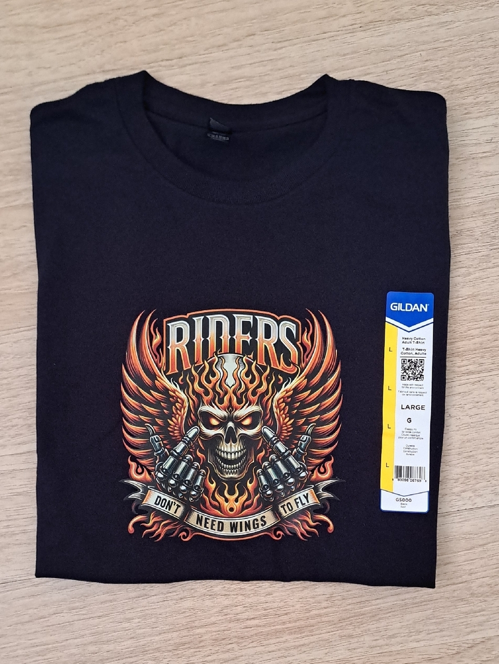 Gildan Men’s Black Riders Skull Graphic Tee with Orange Flames